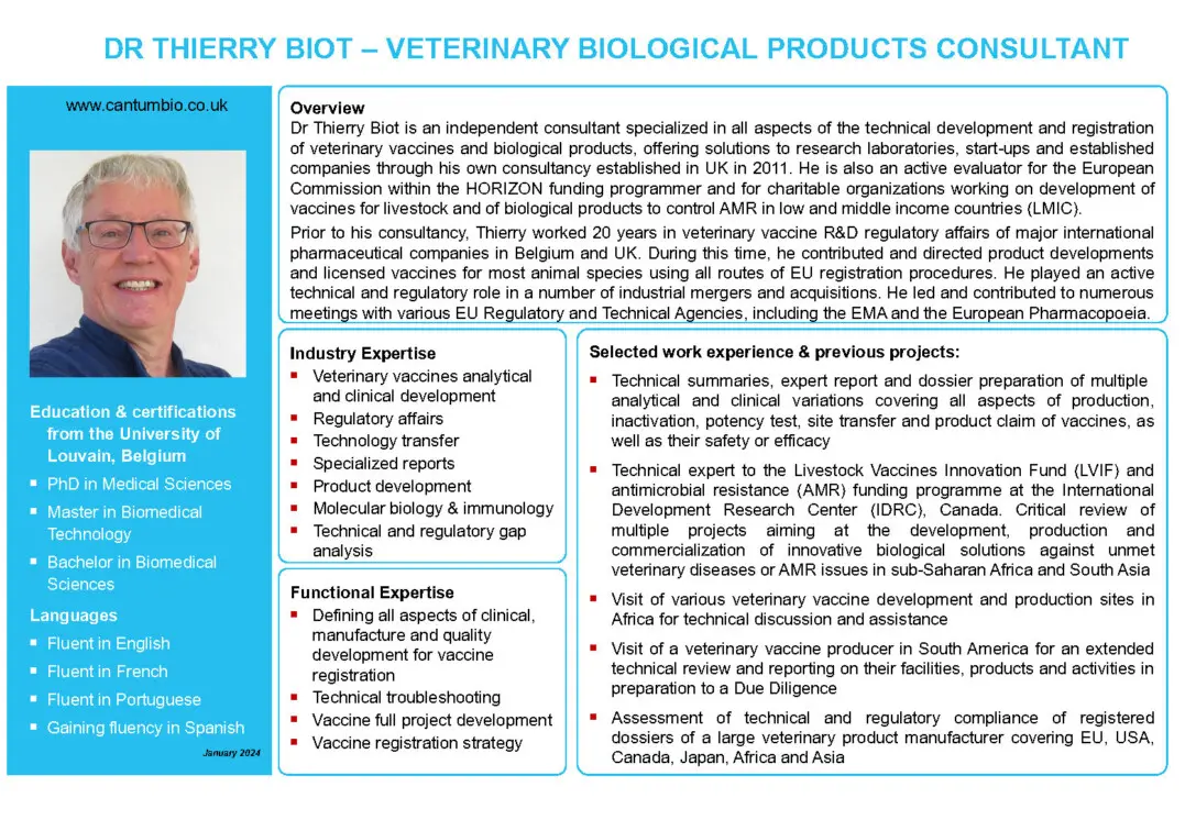 Dr Thierry Biot veterinary biological product consultant